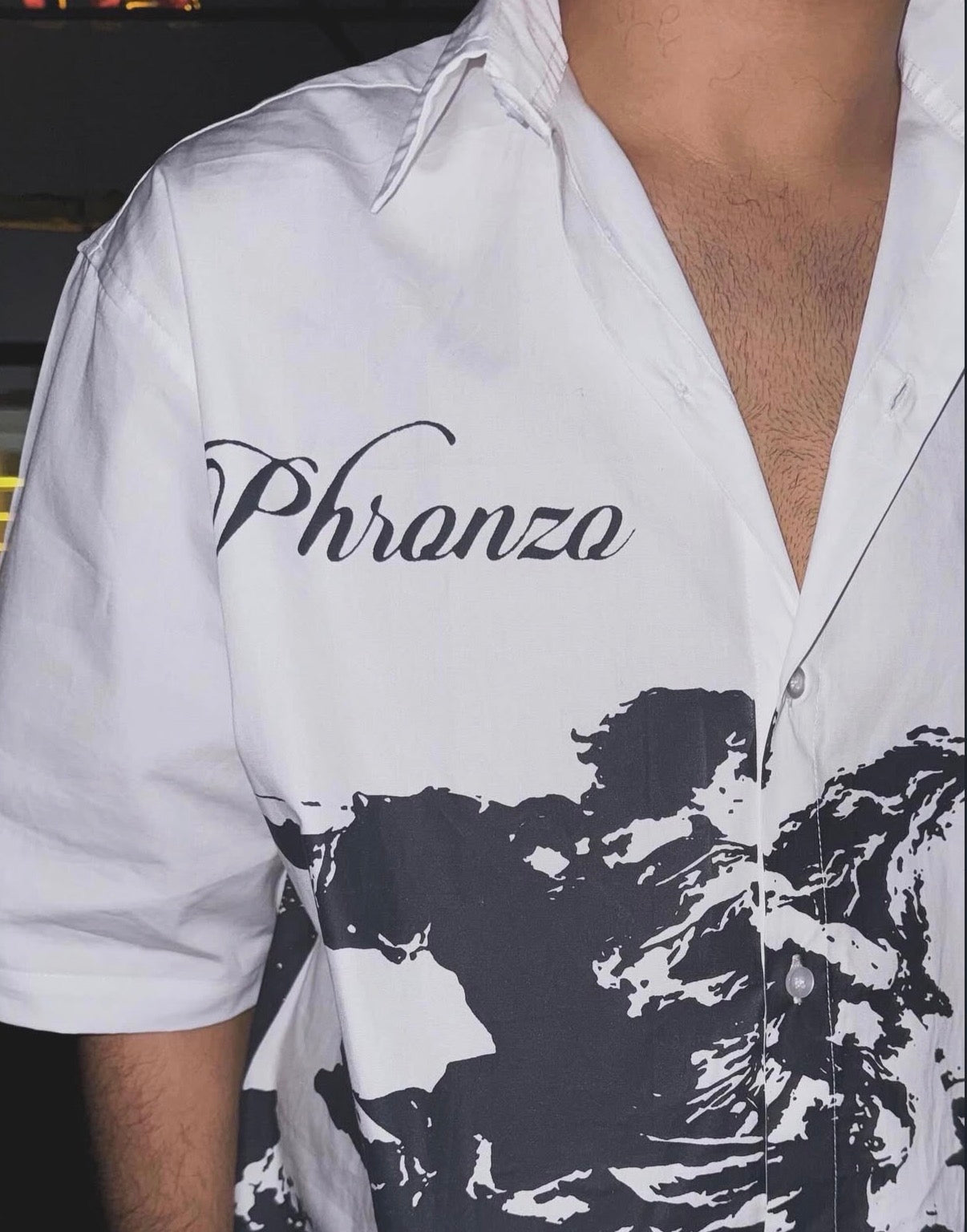 White shirt with black graphic design and 'Phronzo' text