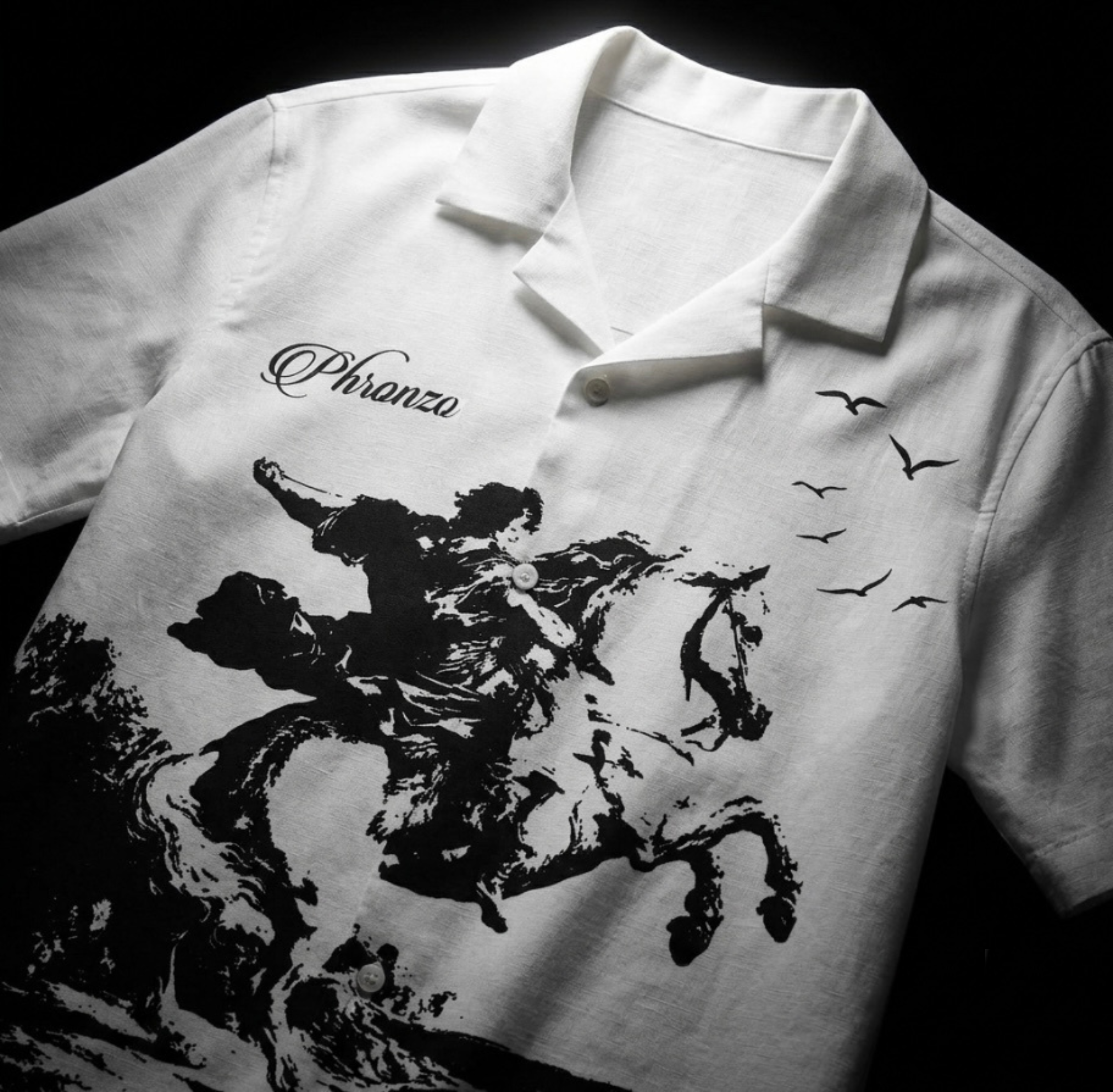 White Cuban collar shirt with vintage knight on horseback graphic by Phronzo.